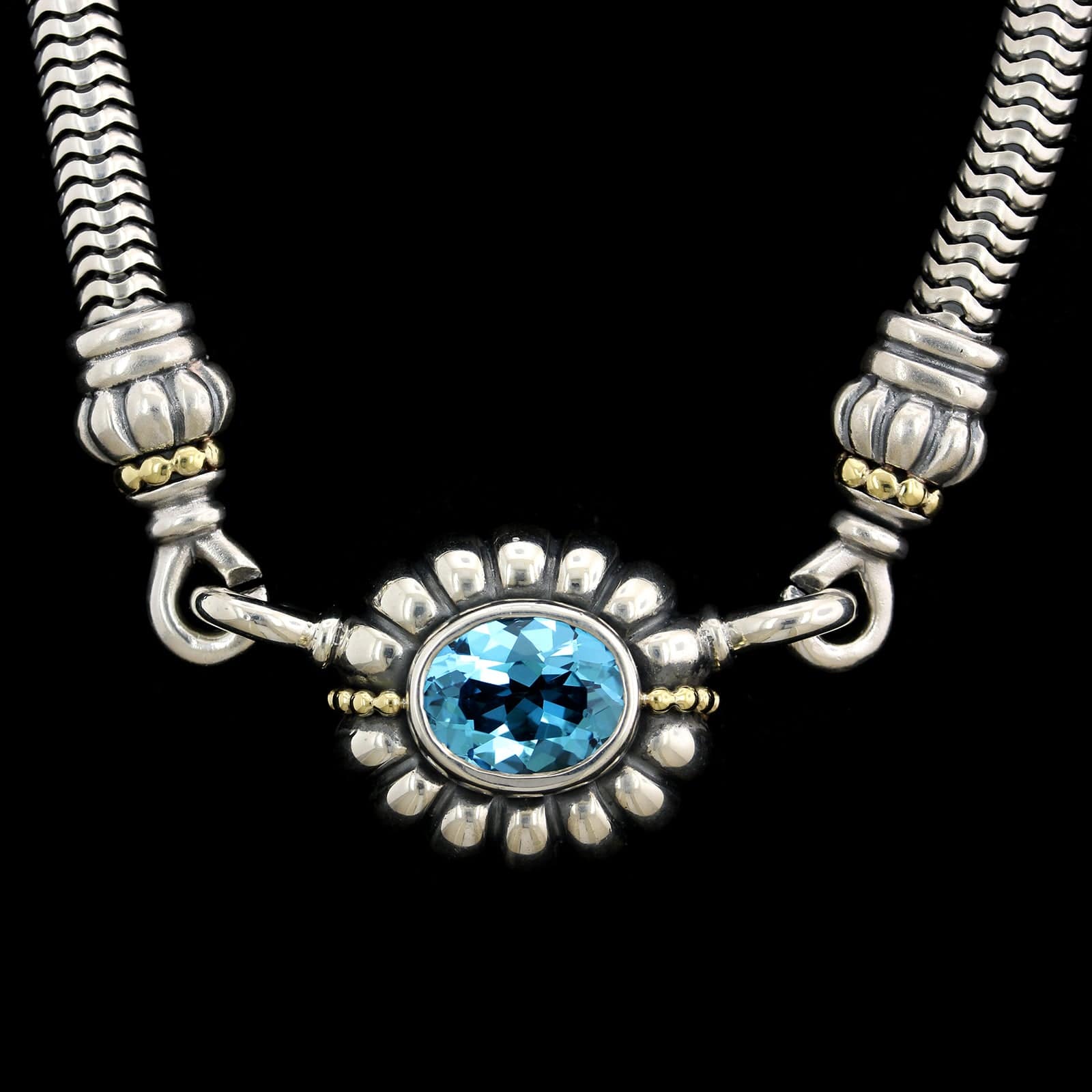 Lagos Caviar Sterling Silver and 18K Yellow Gold Estate Blue Topaz Necklace