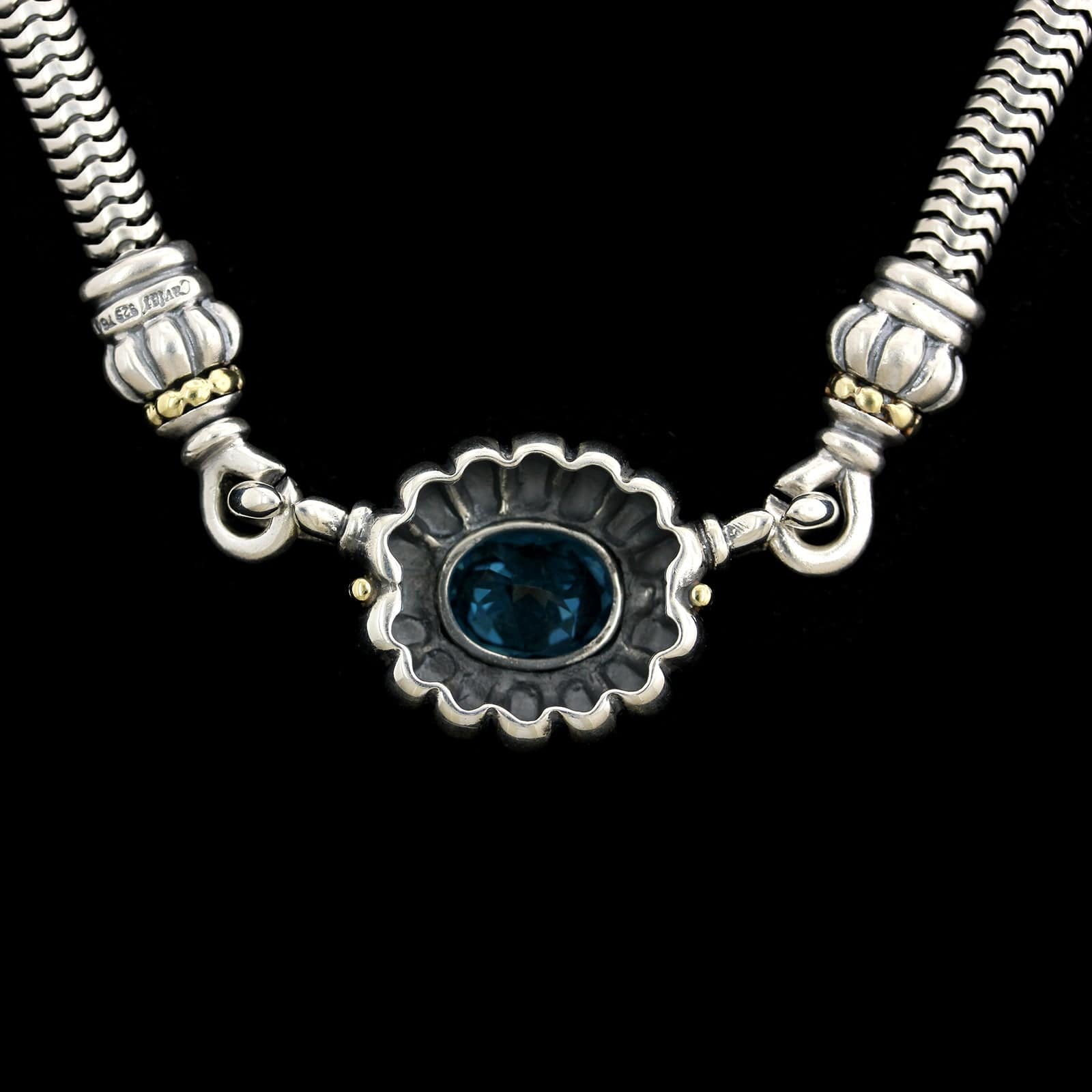 Lagos Caviar Sterling Silver and 18K Yellow Gold Estate Blue Topaz Necklace