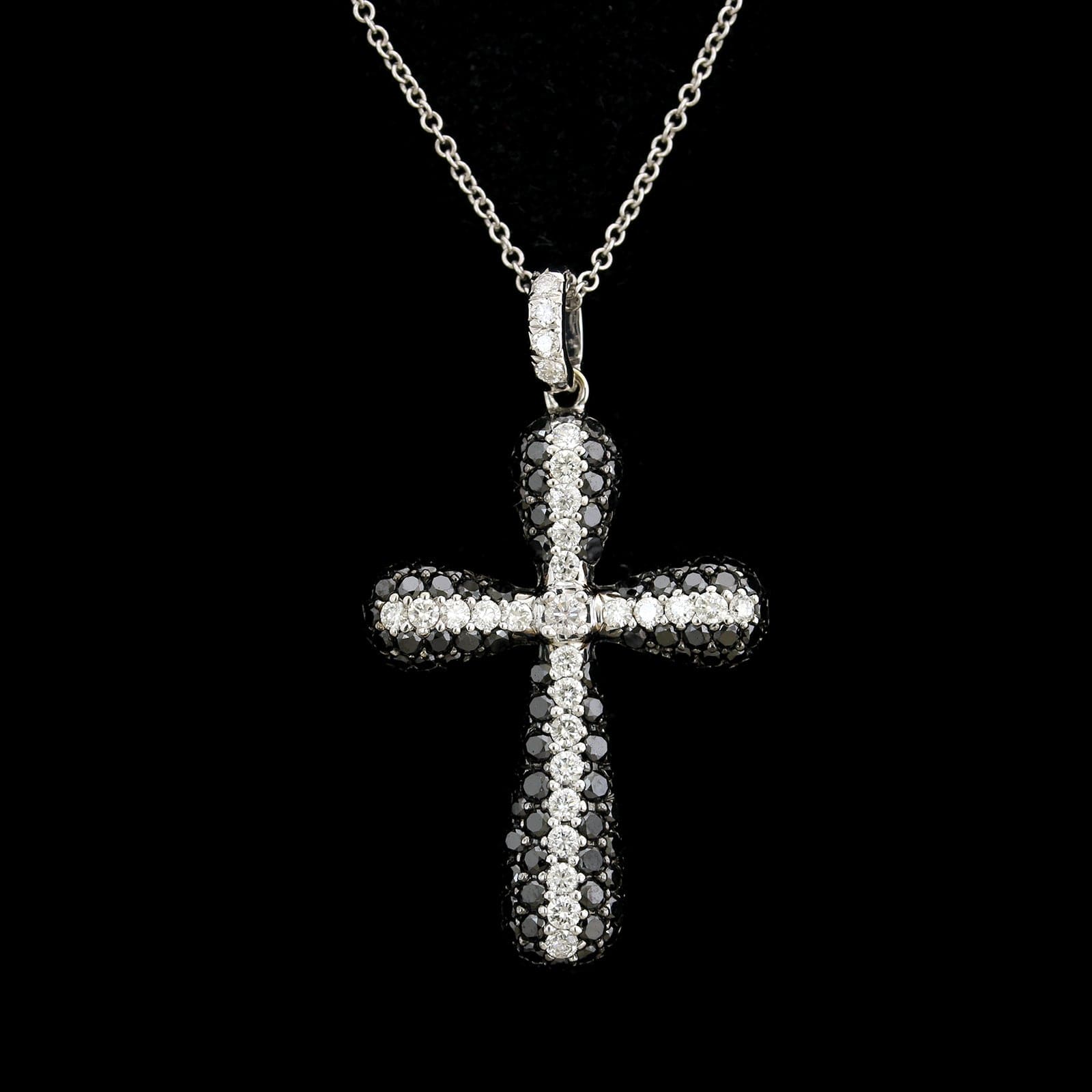 18K White Gold Estate Black Diamond Cross Pendant