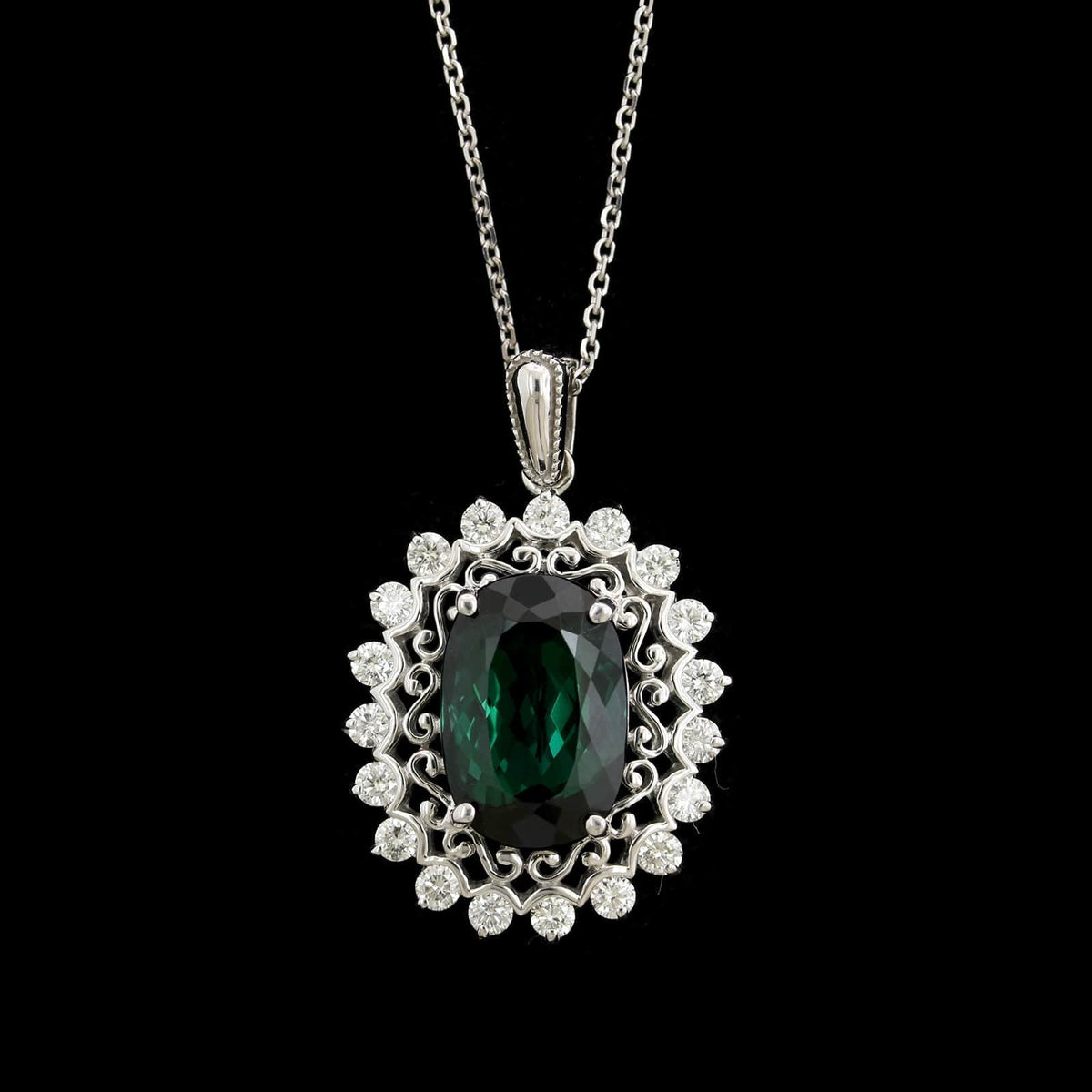 14K White Gold Estate Green Tourmaline and Diamond Pendant