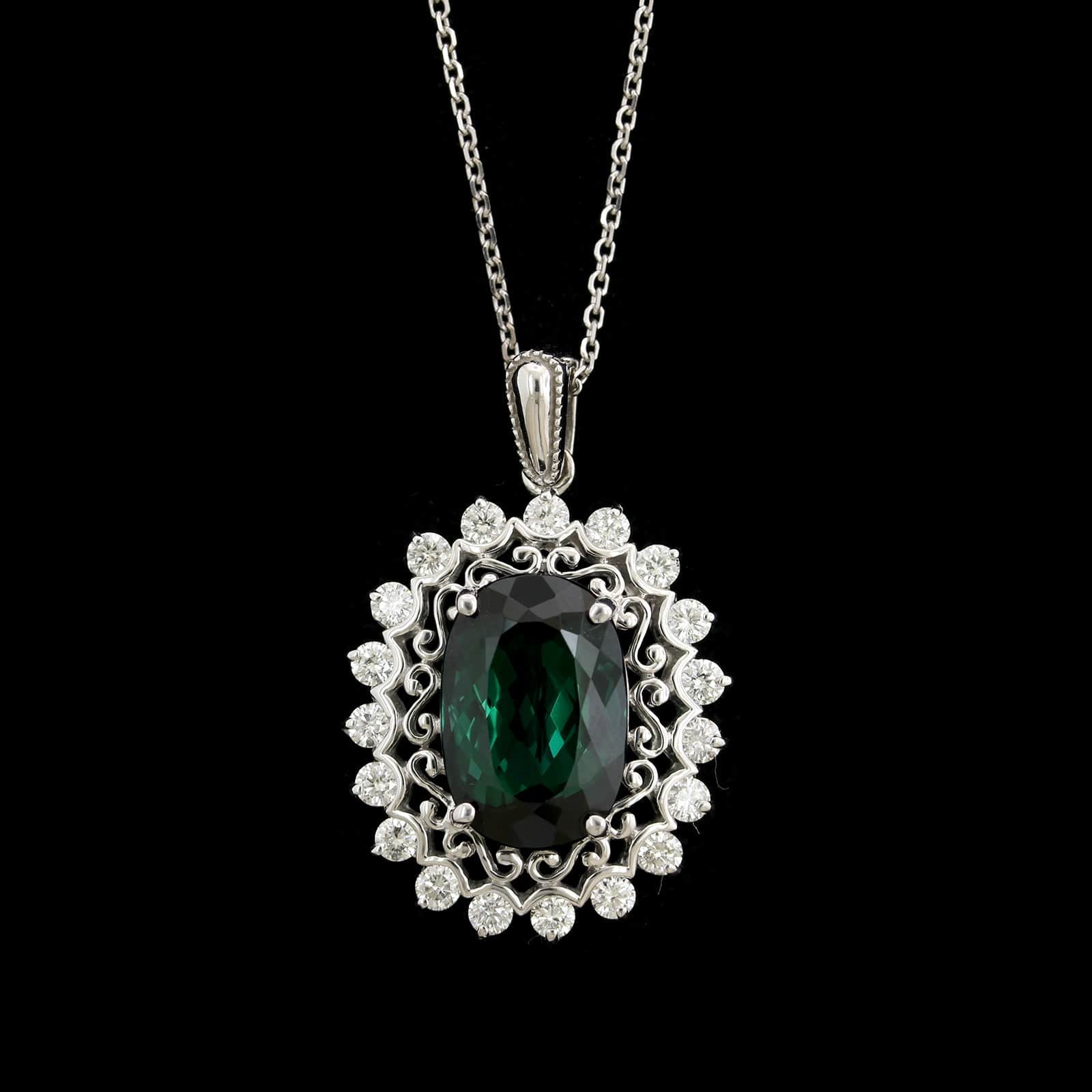 14K White Gold Estate Green Tourmaline and Diamond Pendant