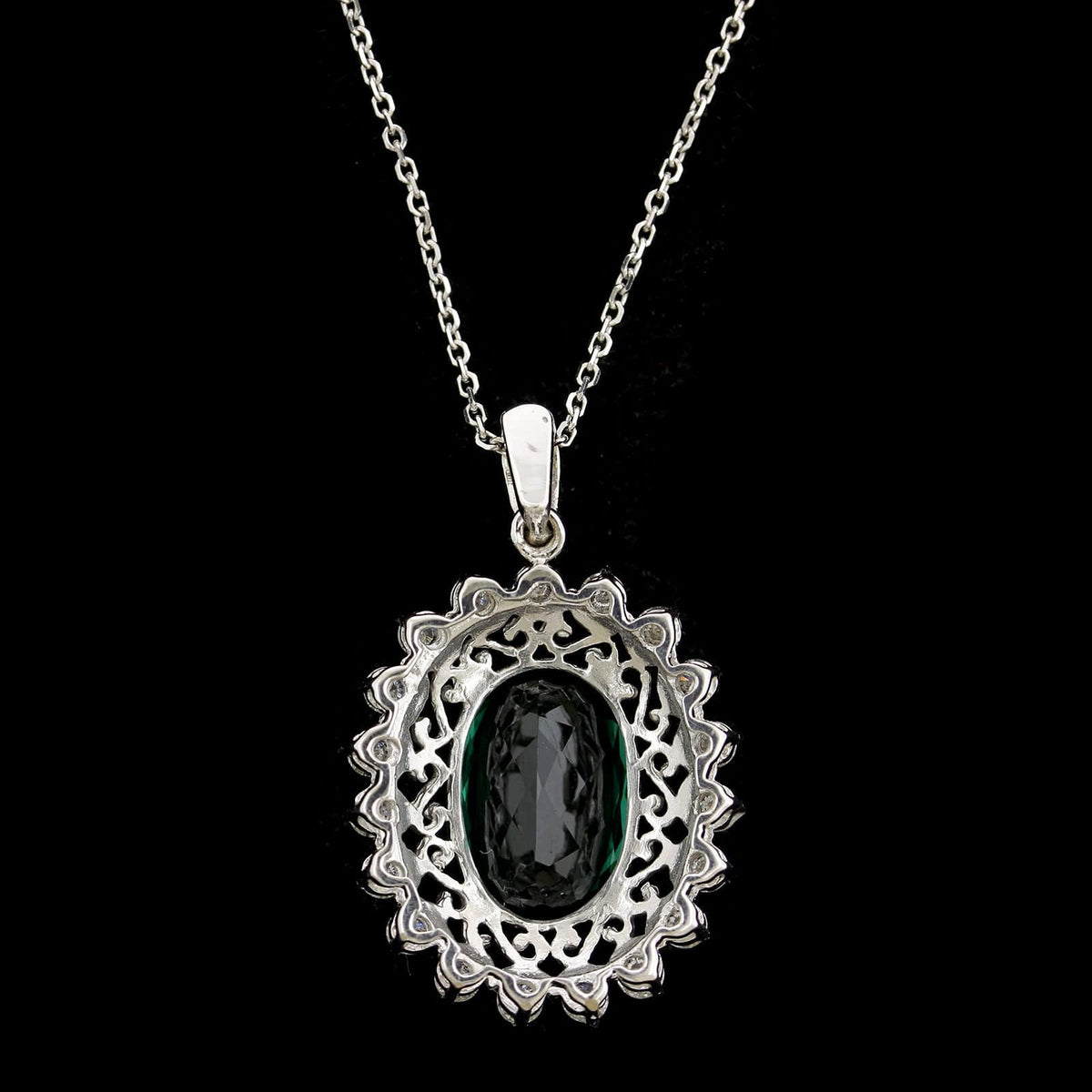 14K White Gold Estate Green Tourmaline and Diamond Pendant