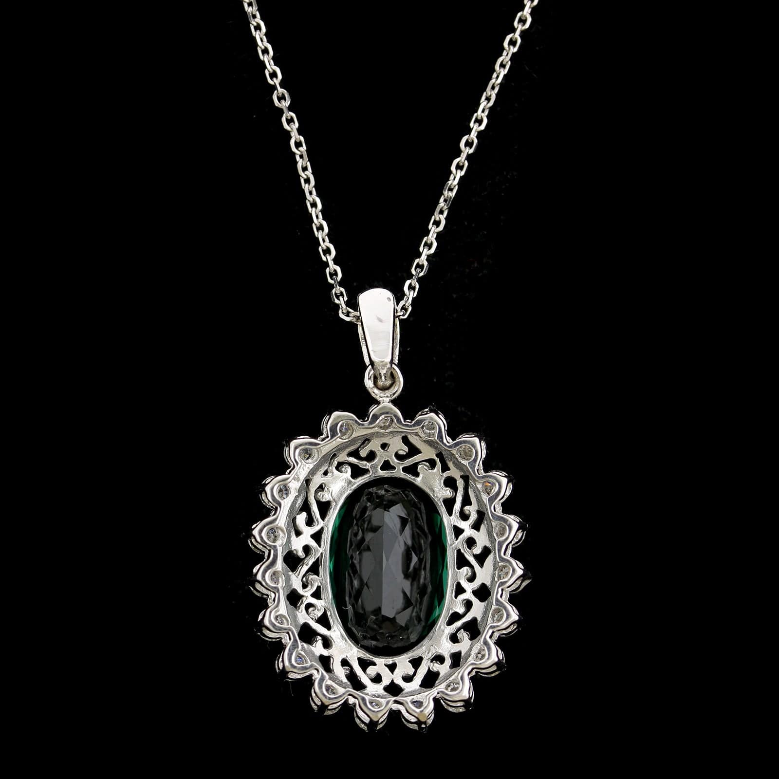 14K White Gold Estate Green Tourmaline and Diamond Pendant
