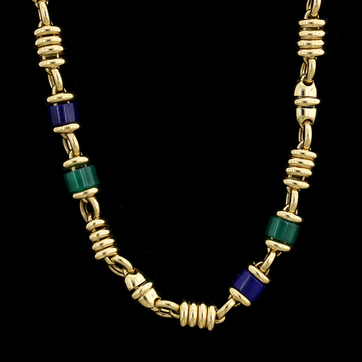 18K Yellow Gold Estate Lapis and Green Onyx Necklace