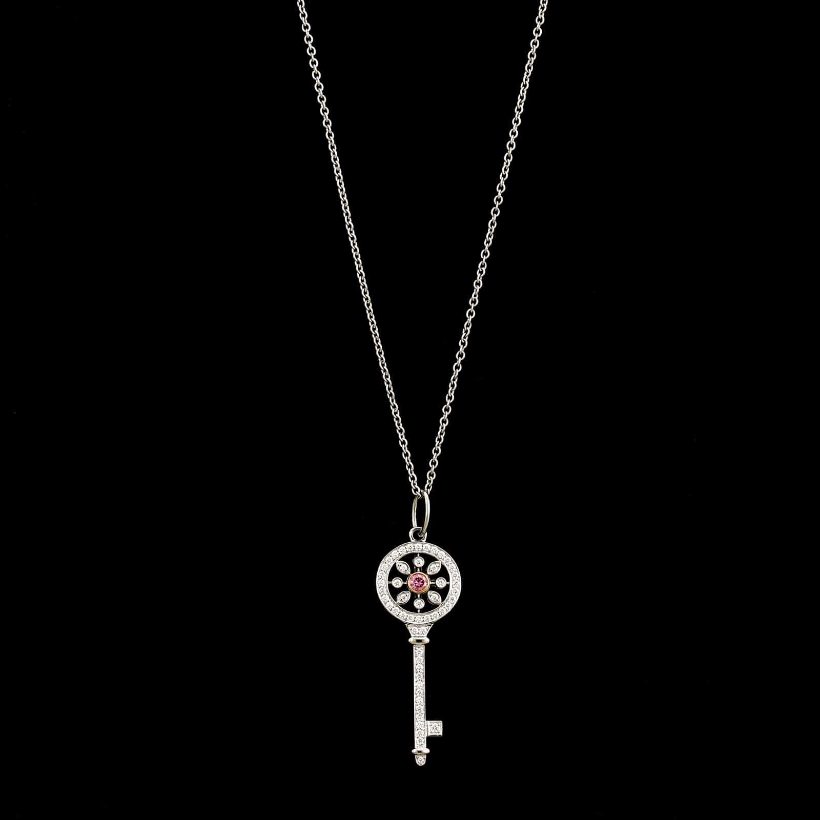 Tiffany & Co. Platinum and 18K Rose Gold Estate Pink Diamond Kaleidoscope Key Pendant Necklace
