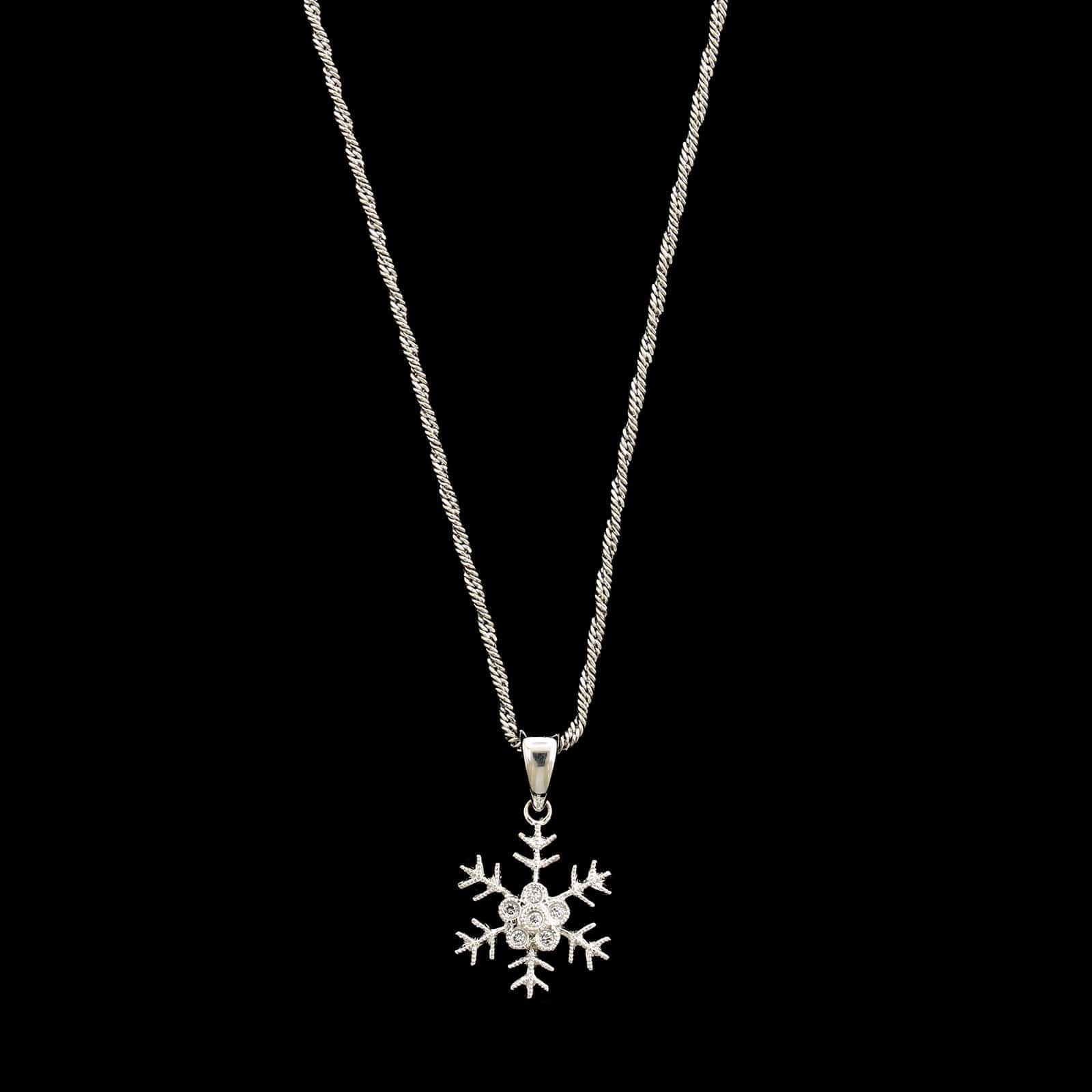14K White Gold Estate Diamond Snowflake Pendant Necklace