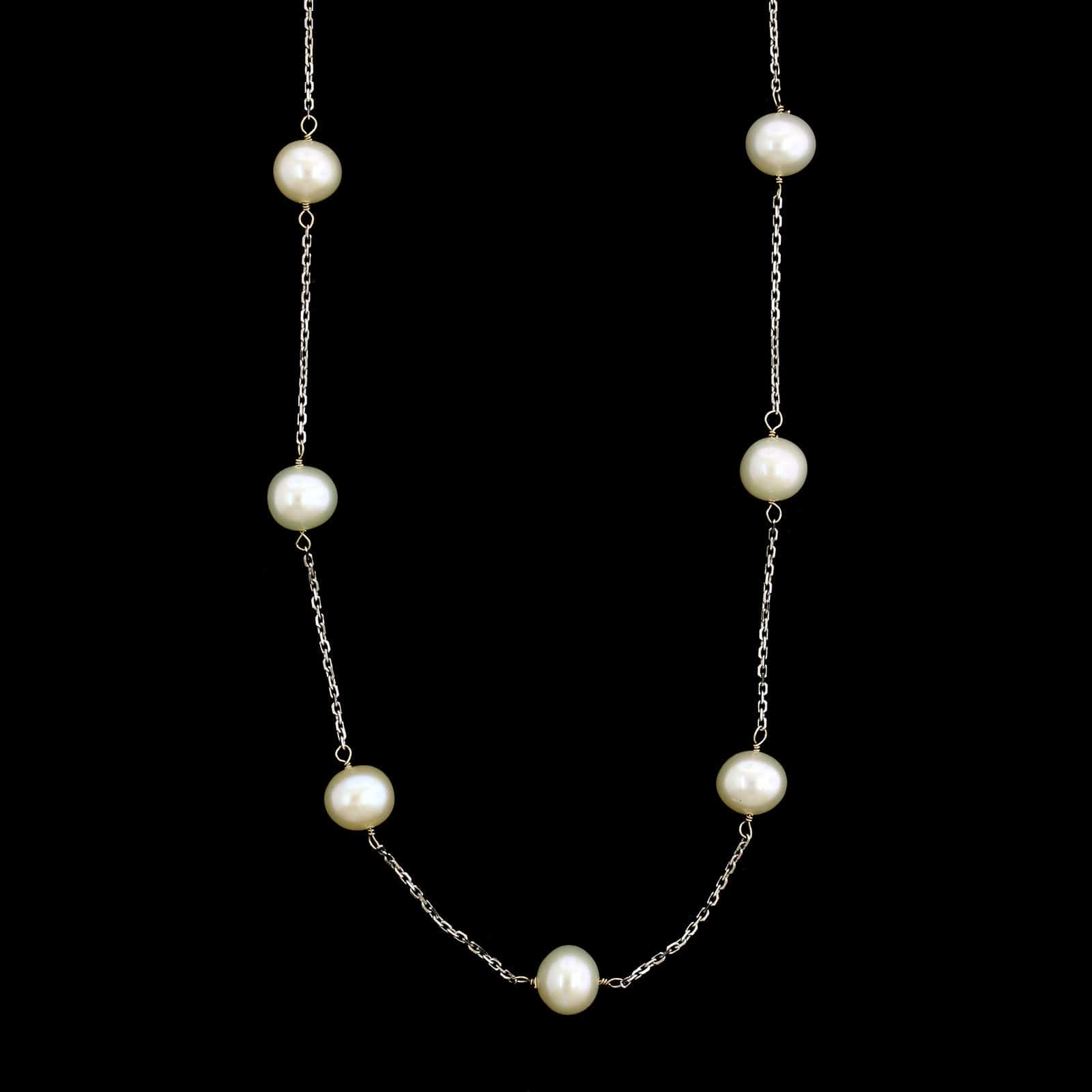 14K White Gold Estate Cultured Pearl Tin Cup Necklace