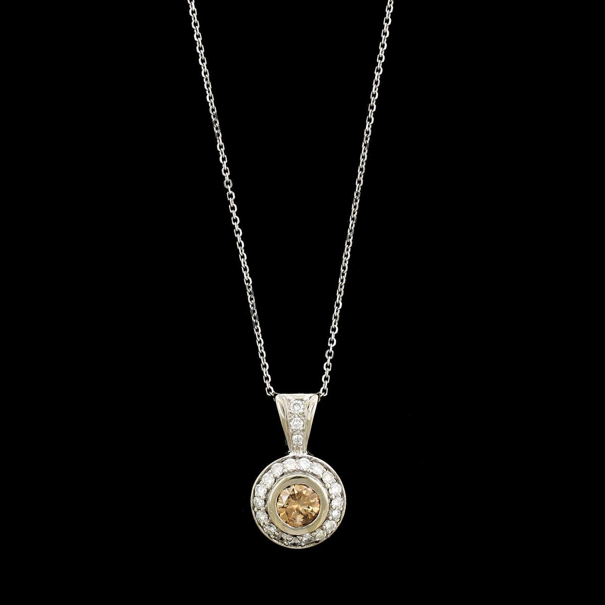 14K White Gold Estate Brown Diamond Halo Pendant Necklace&nbsp;