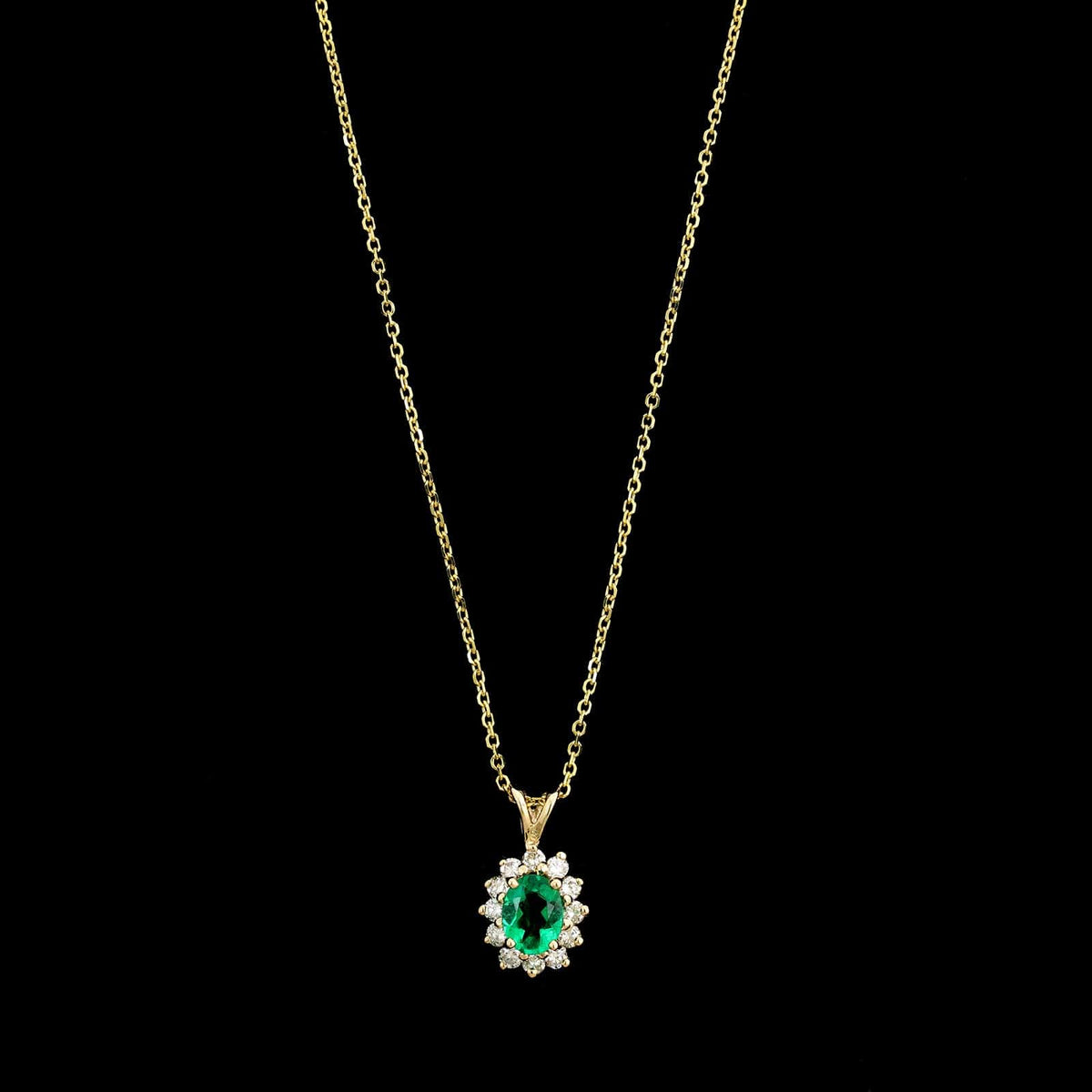14K Yellow Gold Estate Emerald and Diamond Pendant Necklace
