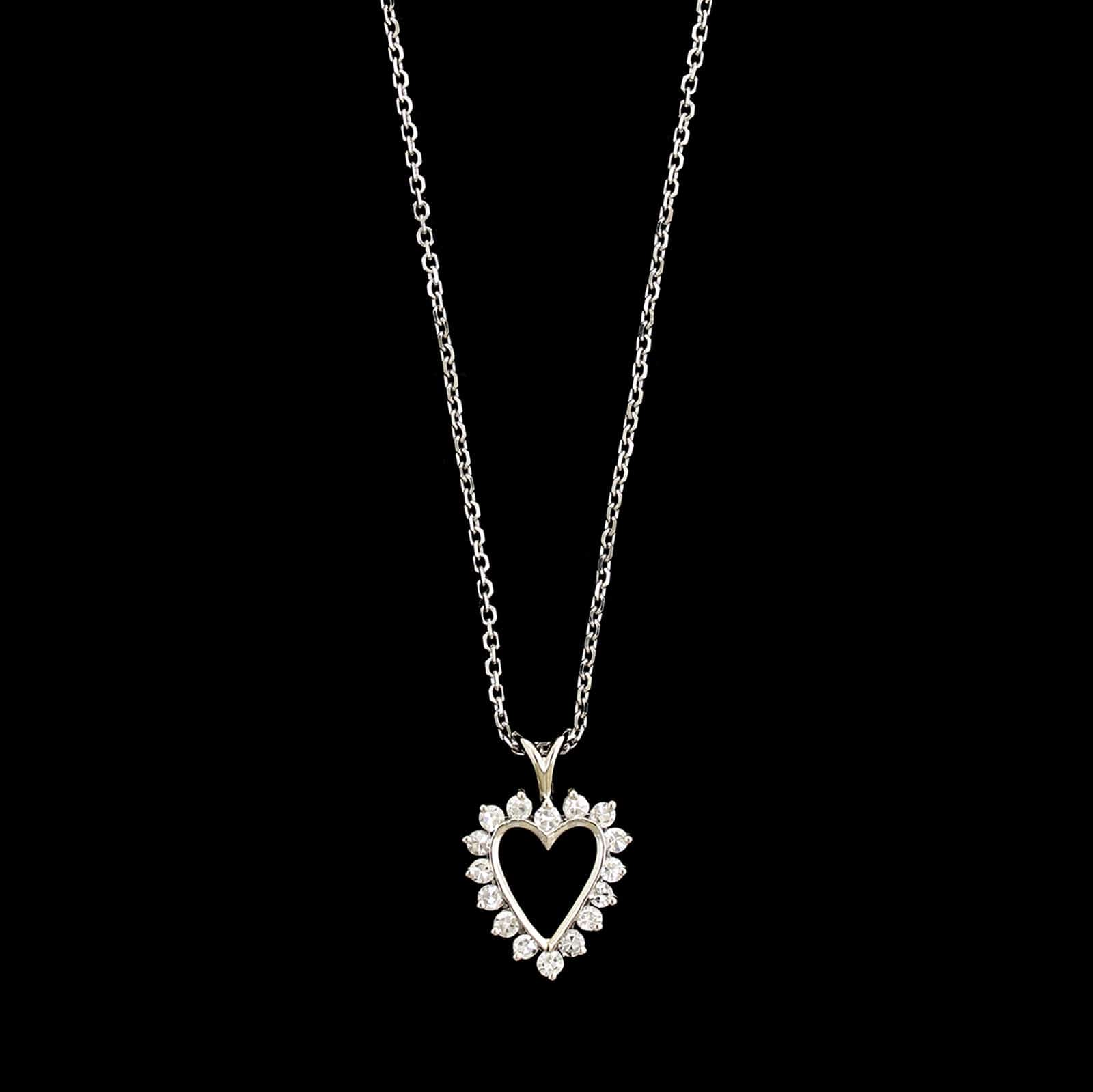 14K White Gold Estate Diamond Heart Pendant Necklace