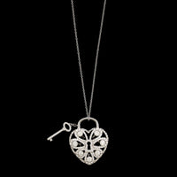 Tiffany & Co. 18K White Gold Estate Diamond Filigree Heart and Key Padlock Pendant Necklace
