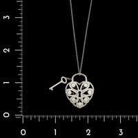 Tiffany & Co. 18K White Gold Estate Diamond Filigree Heart and Key Padlock Pendant Necklace