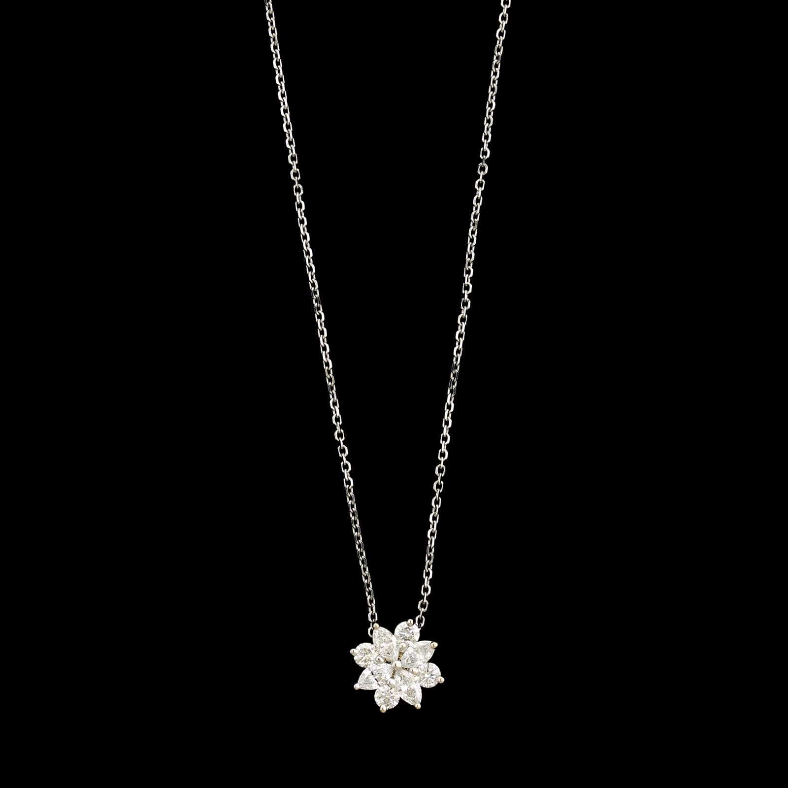 14K White Gold Estate Diamond Flower Pendant Necklace