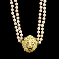 14K Yellow Gold Estate Cultured Pearl Lion's Head Necklace