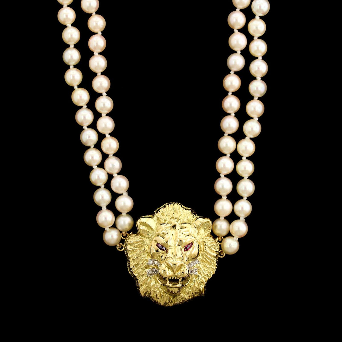 14K Yellow Gold Estate Cultured Pearl Lion's Head Necklace