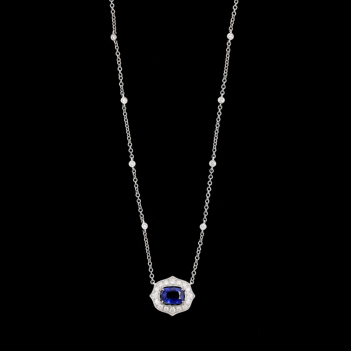 18K White Gold Estate Sapphire and Diamond Pendant Necklace