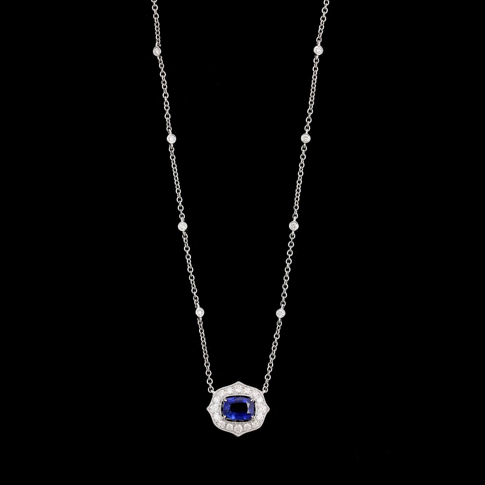 18K White Gold Estate Sapphire and Diamond Pendant Necklace