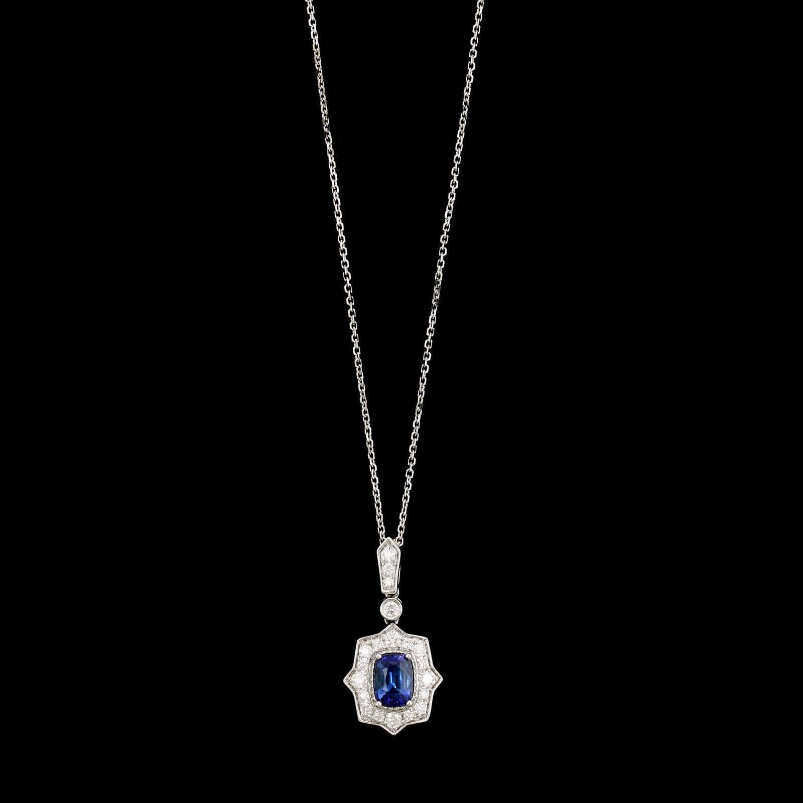 18K White Gold Estate Sapphire and Diamond Pendant Necklace