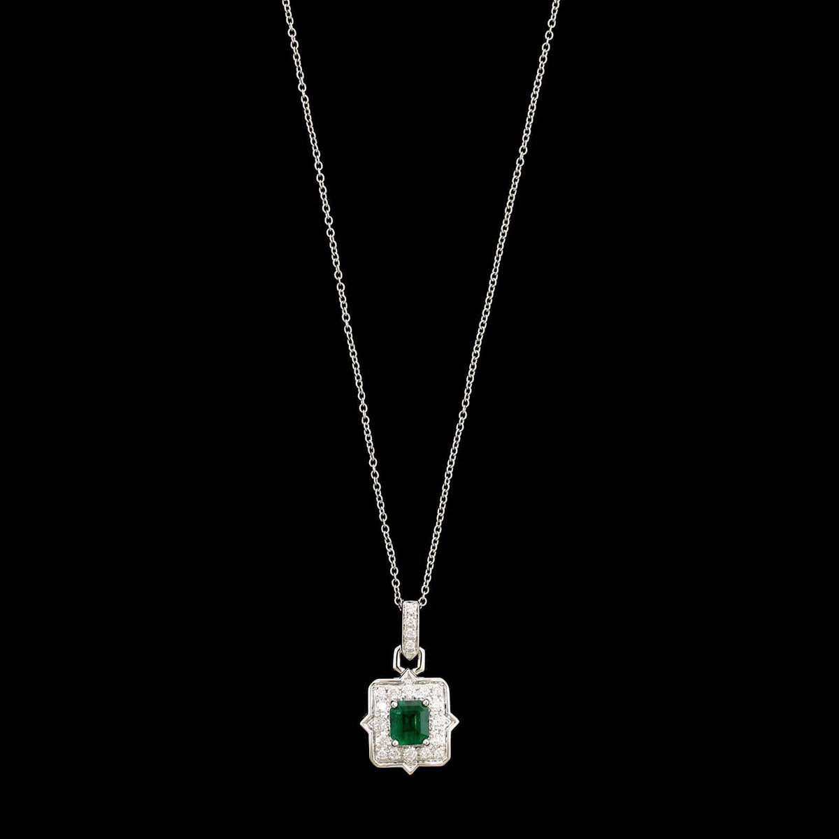 14K White Gold Estate Emerald and Diamond Pendant Necklace