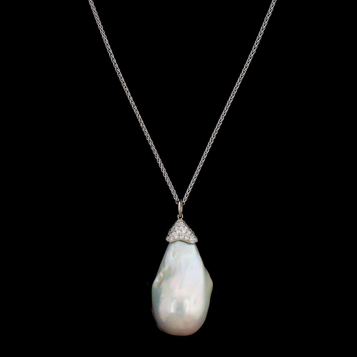 14K White Gold Estate Pearl and Diamond Pendant Necklace