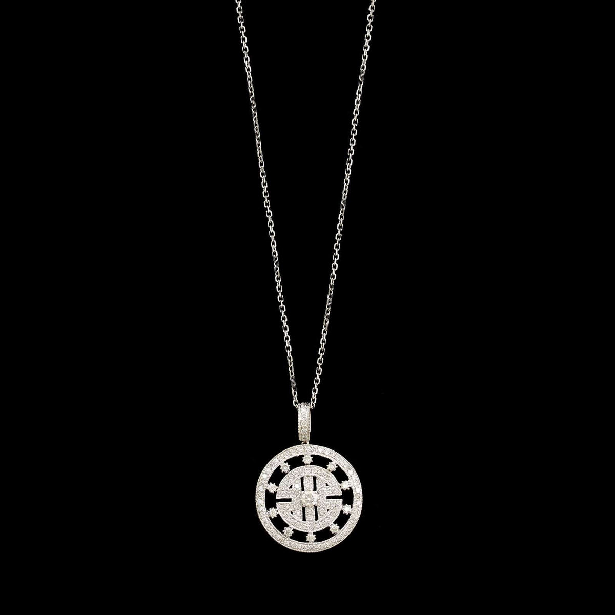 18K White Gold Estate Diamond Circle Pendant Necklace&nbsp;
