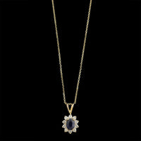 14K Yellow Gold Estate Sapphire and Diamond Halo Pendant Necklace