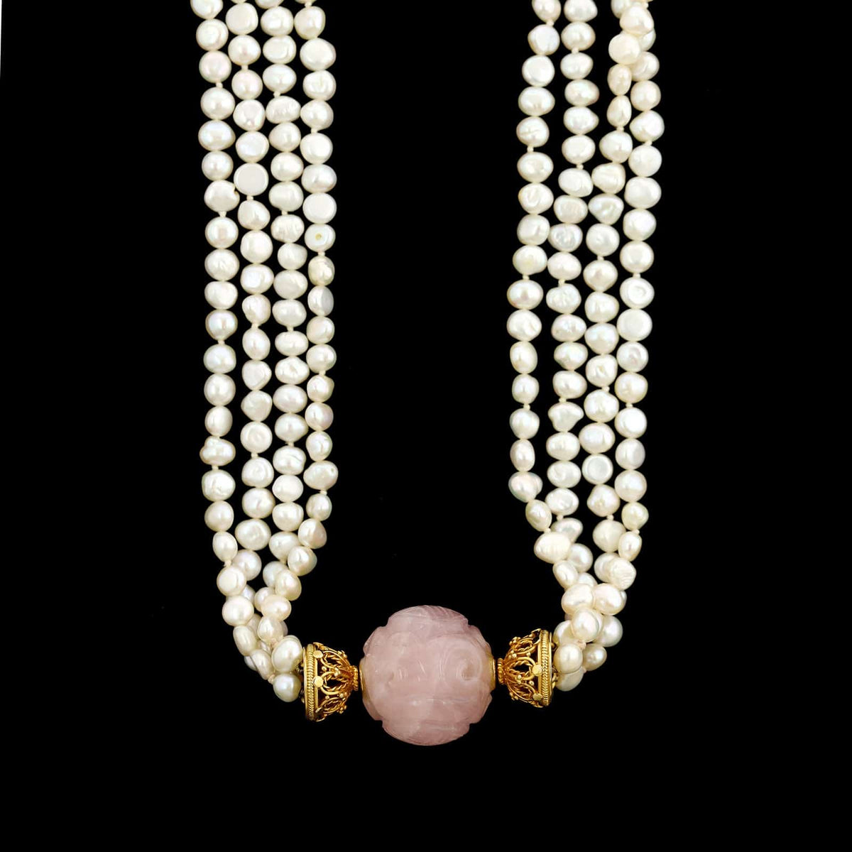 14K Yellow Gold Estate Rose Quartz and Cultured Freshwater Pearl Torsade Necklace