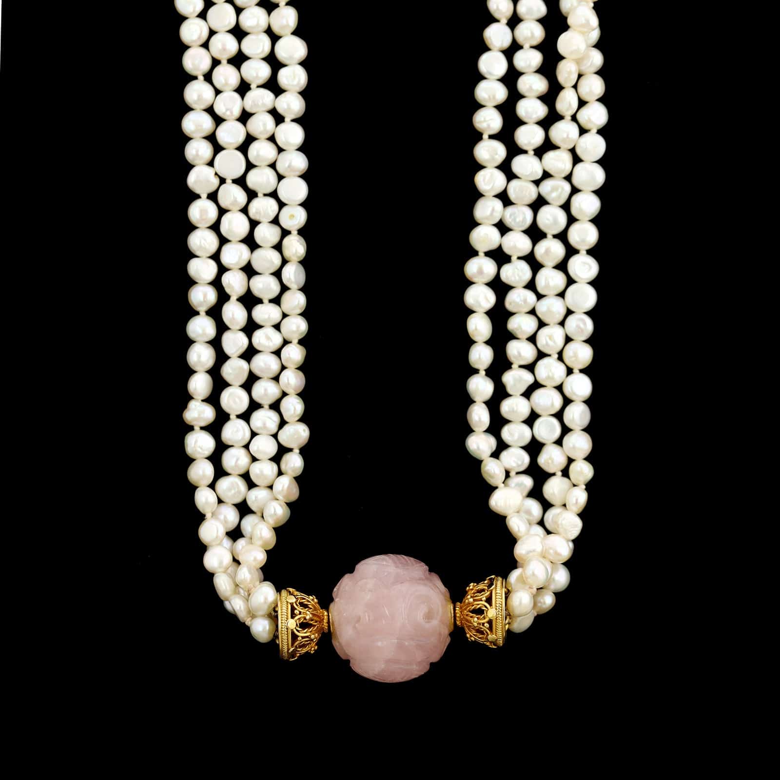 14K Yellow Gold Estate Rose Quartz and Cultured Freshwater Pearl Torsade Necklace