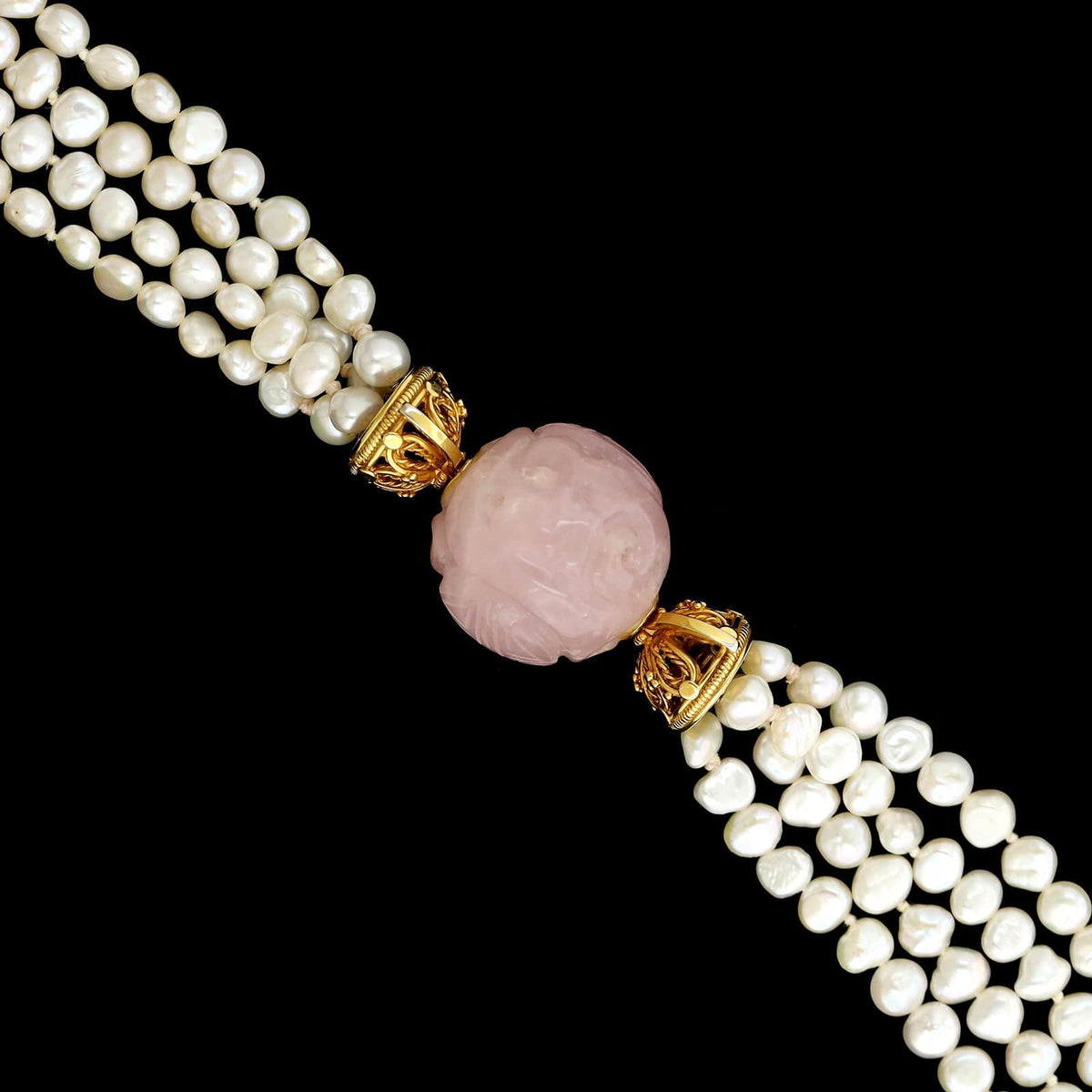 14K Yellow Gold Estate Rose Quartz and Cultured Freshwater Pearl Torsade Necklace