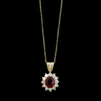 14K Yellow Gold Estate Garnet and Diamond Pendant Necklace
