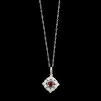 14K White Gold Estate Ruby and Diamond Pendant Necklace