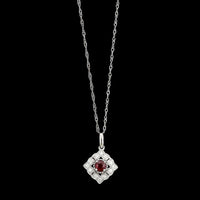 14K White Gold Estate Ruby and Diamond Pendant Necklace