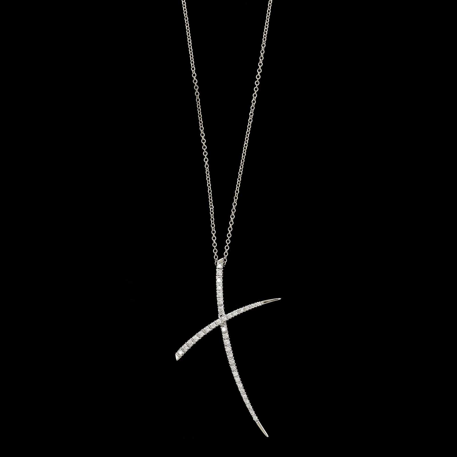 18K White Gold Estate Diamond X Pendant Necklace