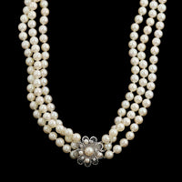 Mikimoto 14K White Gold Estate Three Strand Cultured Pearl and Diamond Necklace
