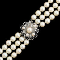 Mikimoto 14K White Gold Estate Three Strand Cultured Pearl and Diamond Necklace