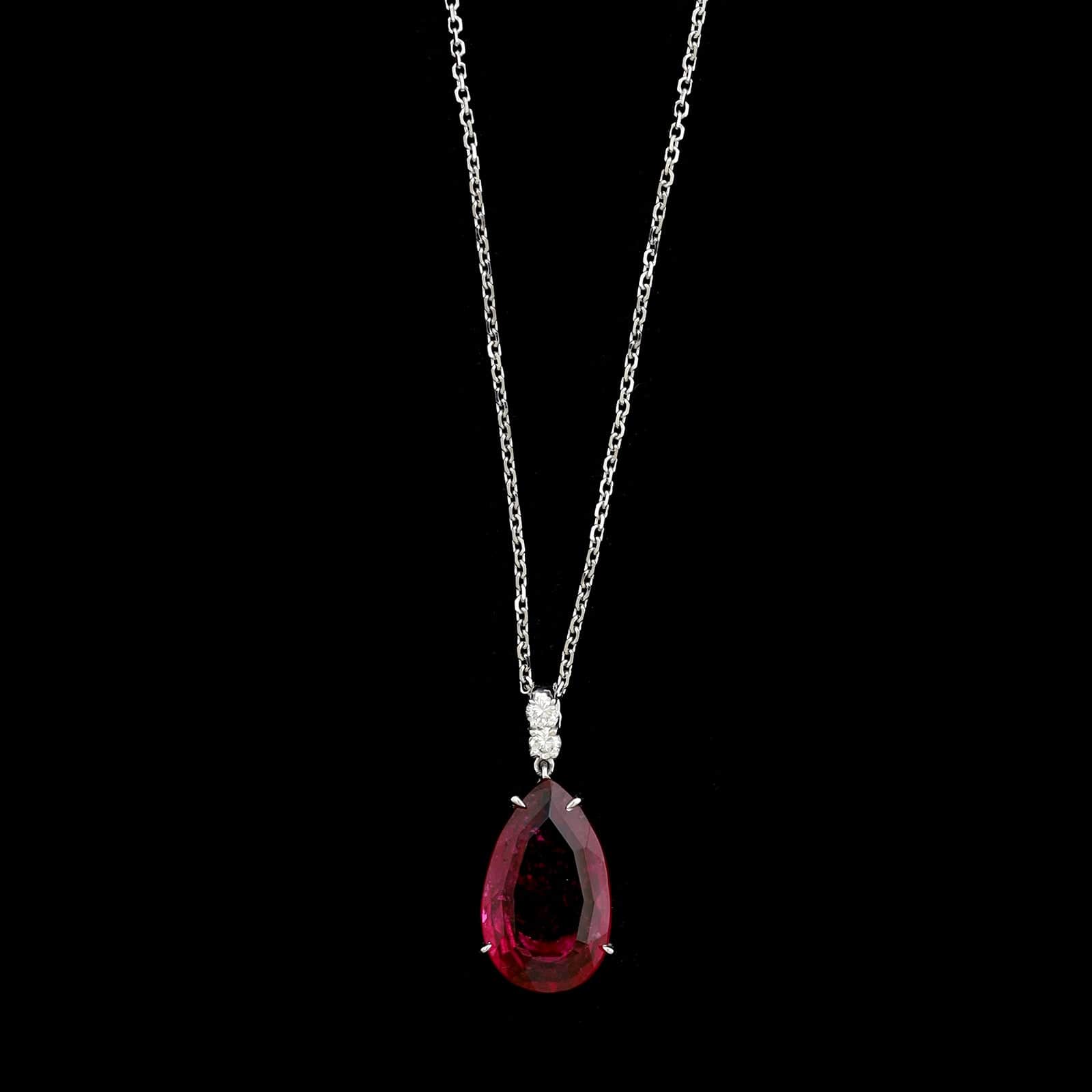 18K White Gold Estate Rubellite Tourmaline and Diamond Pendant Necklace