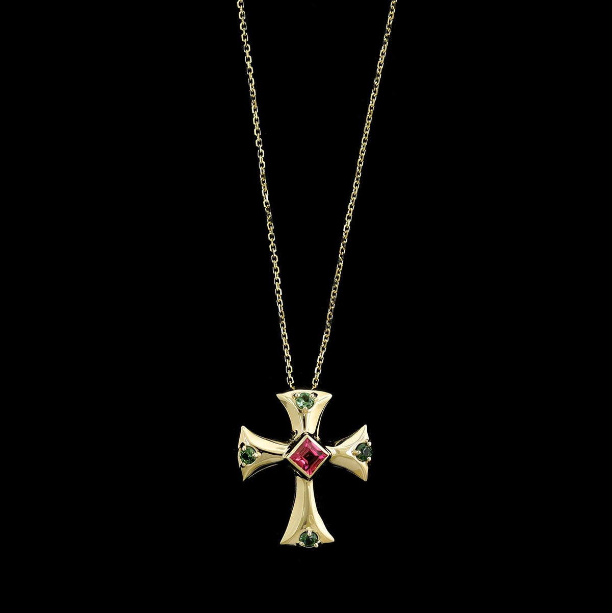 14K Yellow Gold Estate Gemstone Cross Pendant Necklace