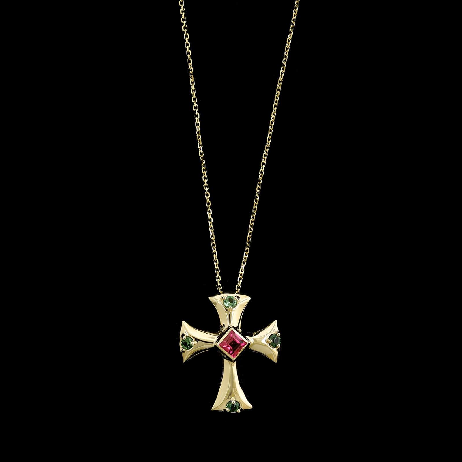 14K Yellow Gold Estate Gemstone Cross Pendant Necklace
