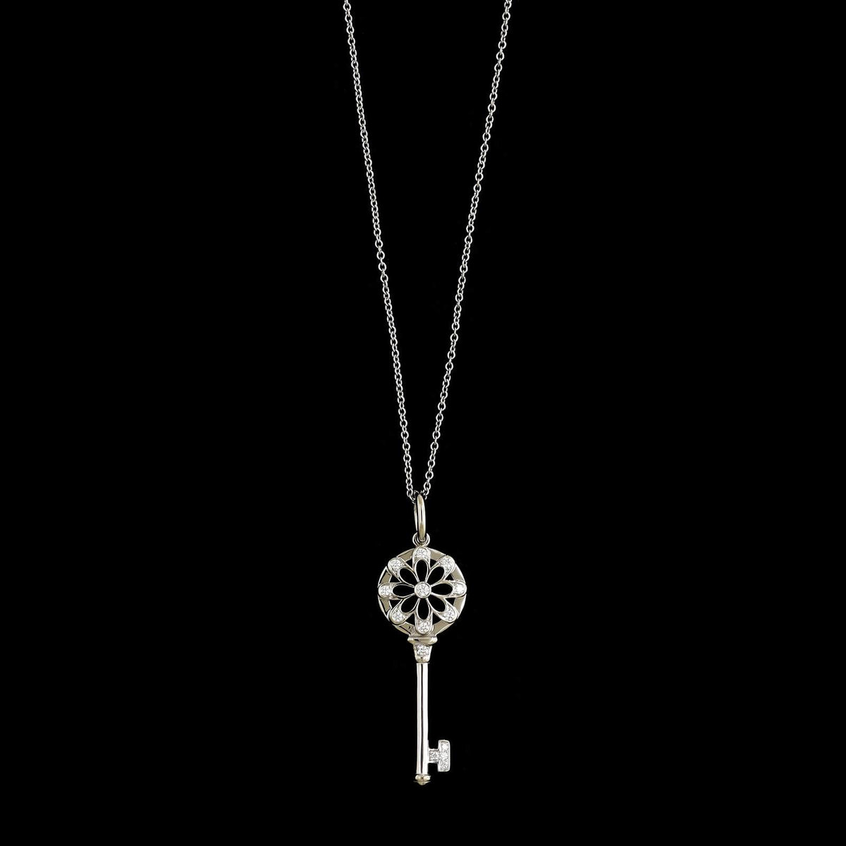 Tiffany & Co. 18K White Gold Estate Diamond Flower Key Pendant Necklace
