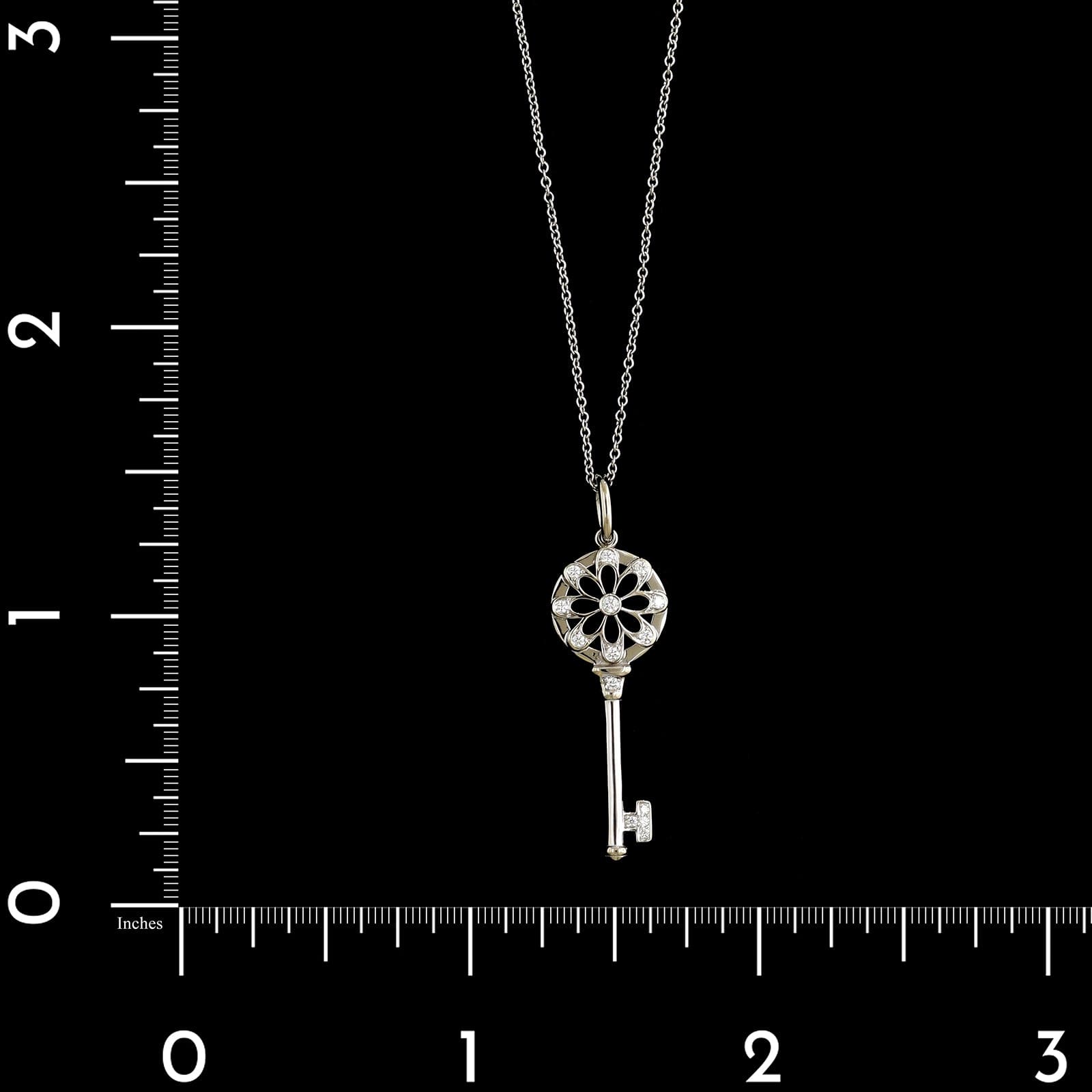 Tiffany & Co. 18K White Gold Estate Diamond Flower Key Pendant Necklace