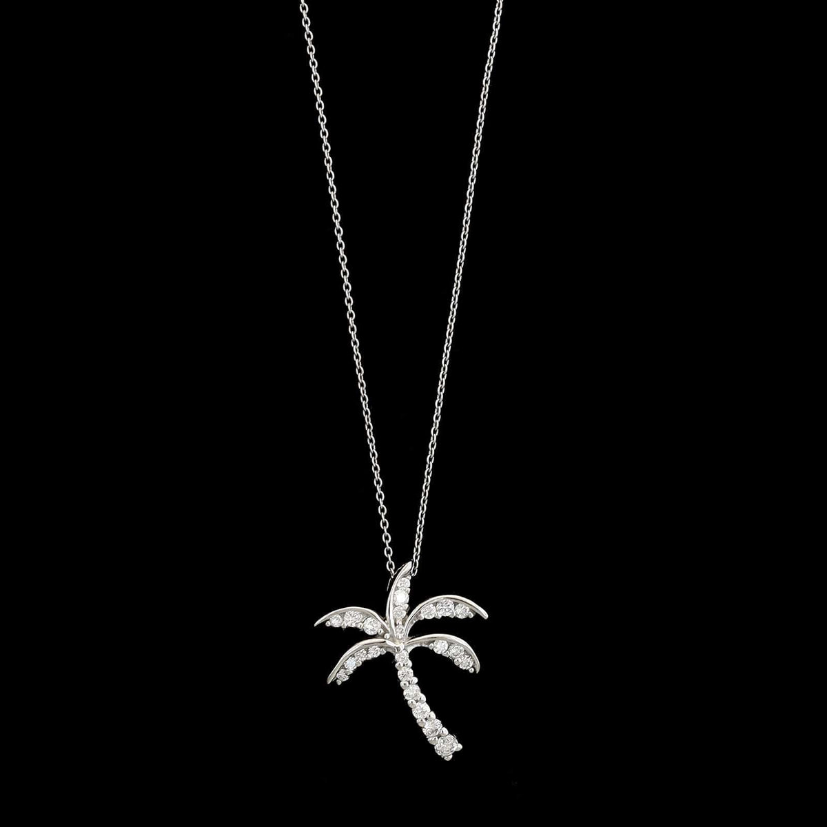 18K White Gold Estate Diamond Palm Tree Pendant Necklace