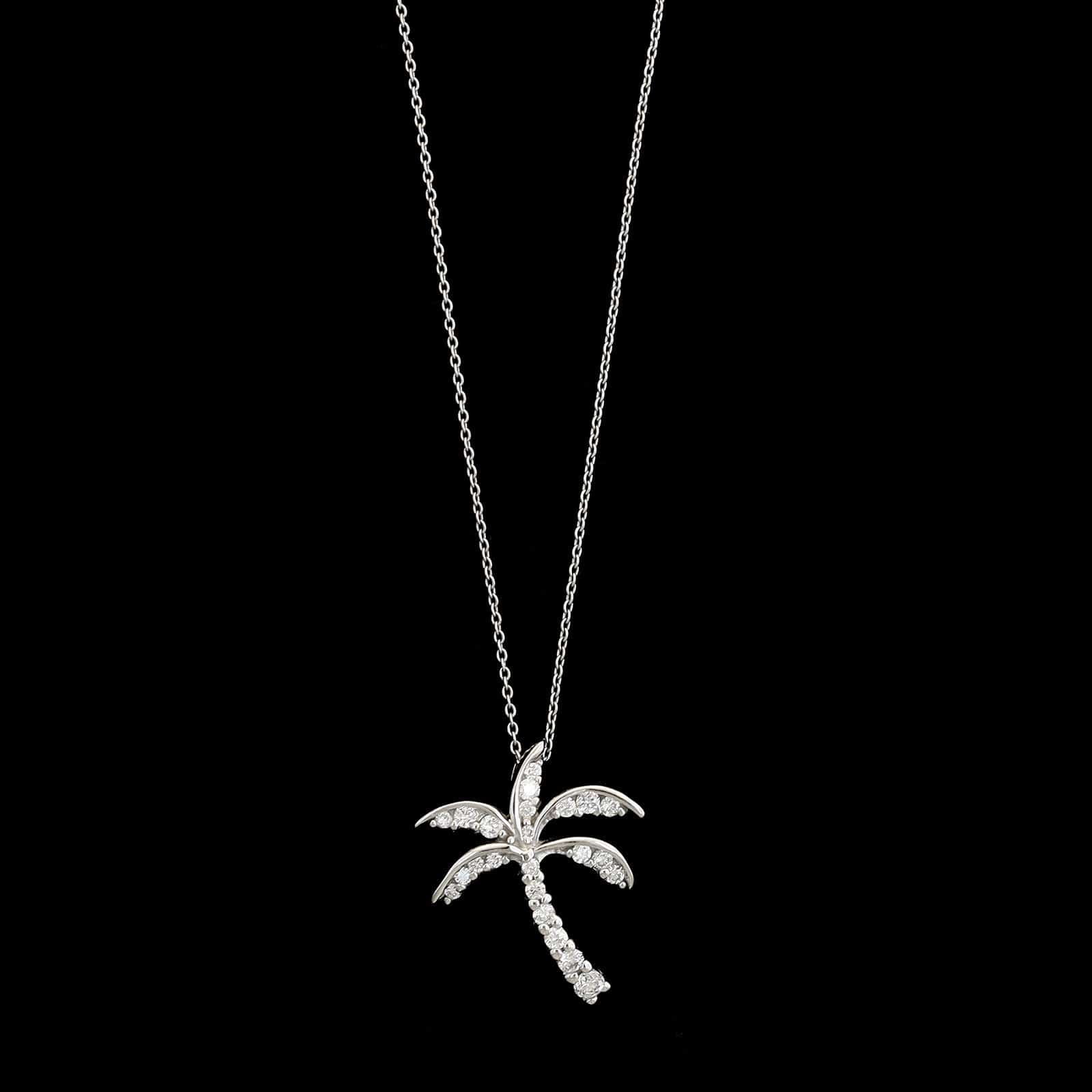 18K White Gold Estate Diamond Palm Tree Pendant Necklace
