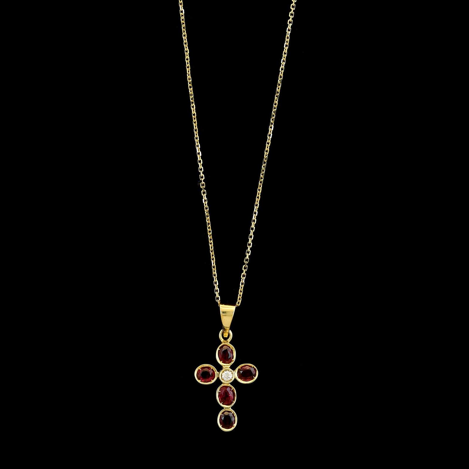 18K Yellow Gold Estate Ruby and Diamond Cross Pendant Necklace