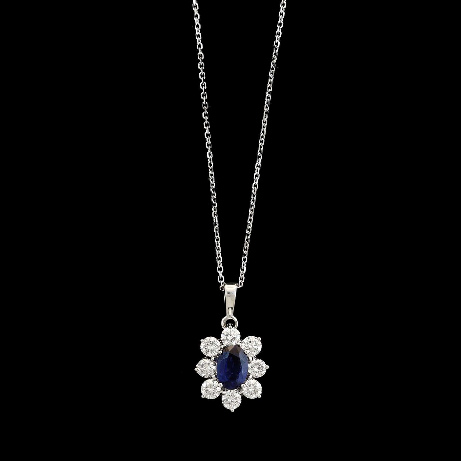 18K White Gold Estate Sapphire and Diamond Pendant Necklace
