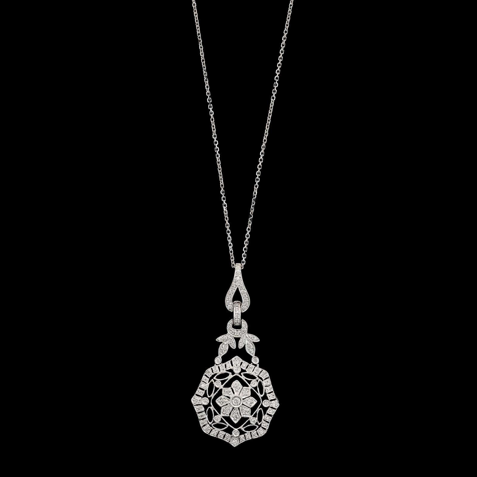 18K White Gold Estate Vintage Style Diamond Pendant Necklace&nbsp;