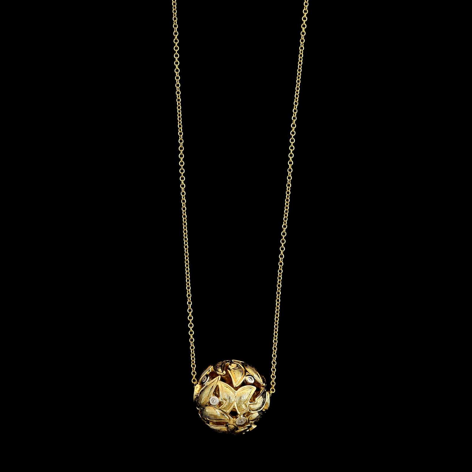 14K Yellow Gold Estate Butterfly Bead and Diamond Pendant Necklace