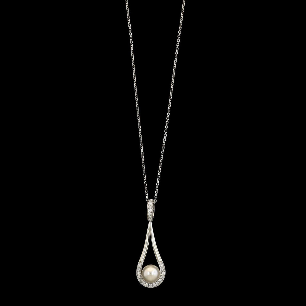 14K White Gold Estate Pearl and Diamond Pendant Necklace&nbsp;
