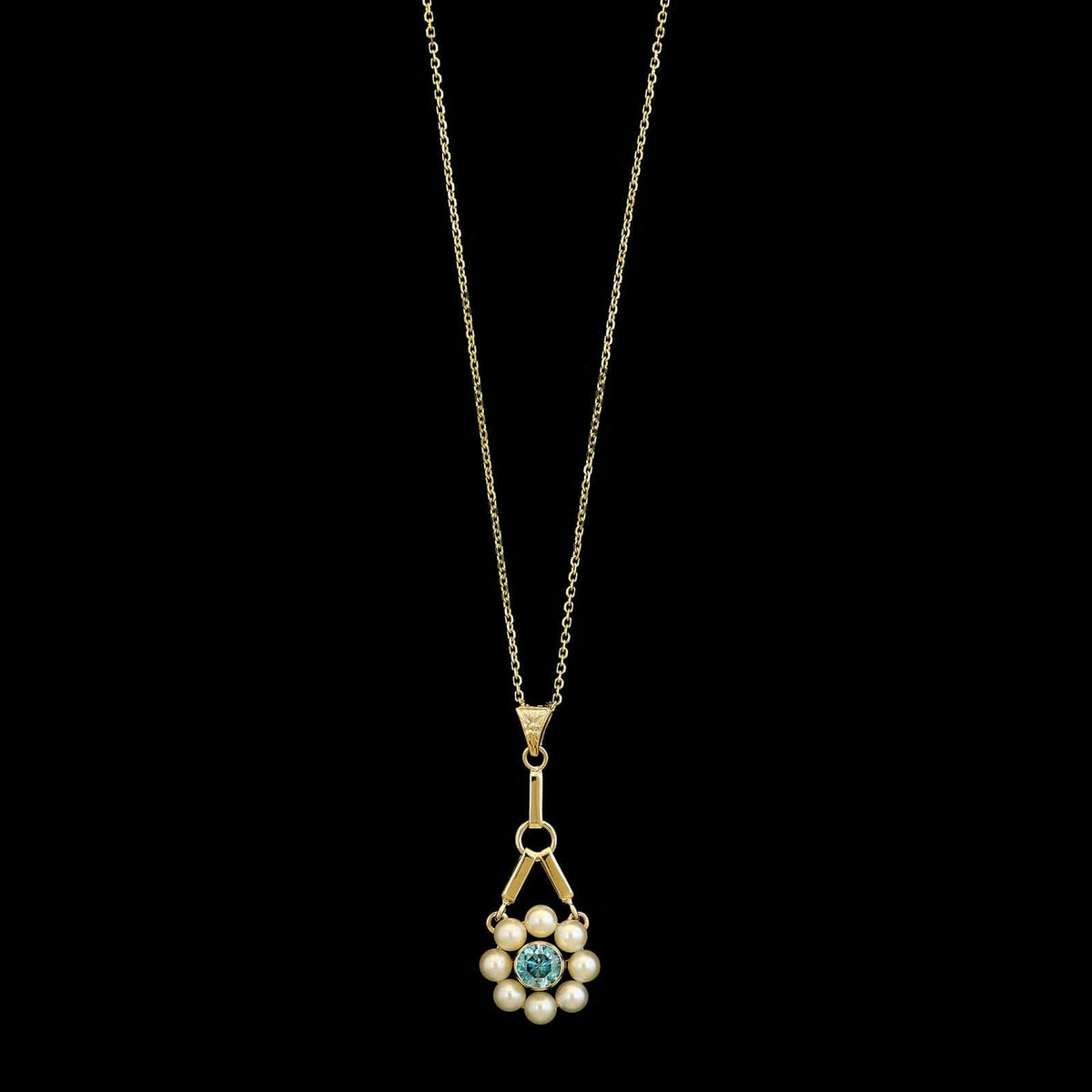 14K Yellow Gold Estate Blue Zircon and Cultured Pearl Pendant Necklace