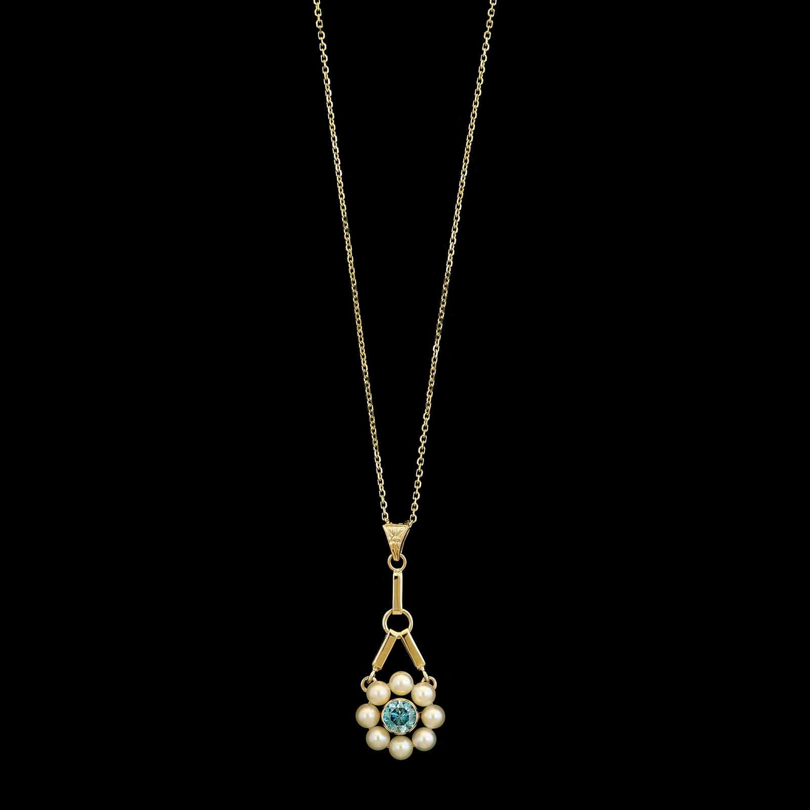 14K Yellow Gold Estate Blue Zircon and Cultured Pearl Pendant Necklace