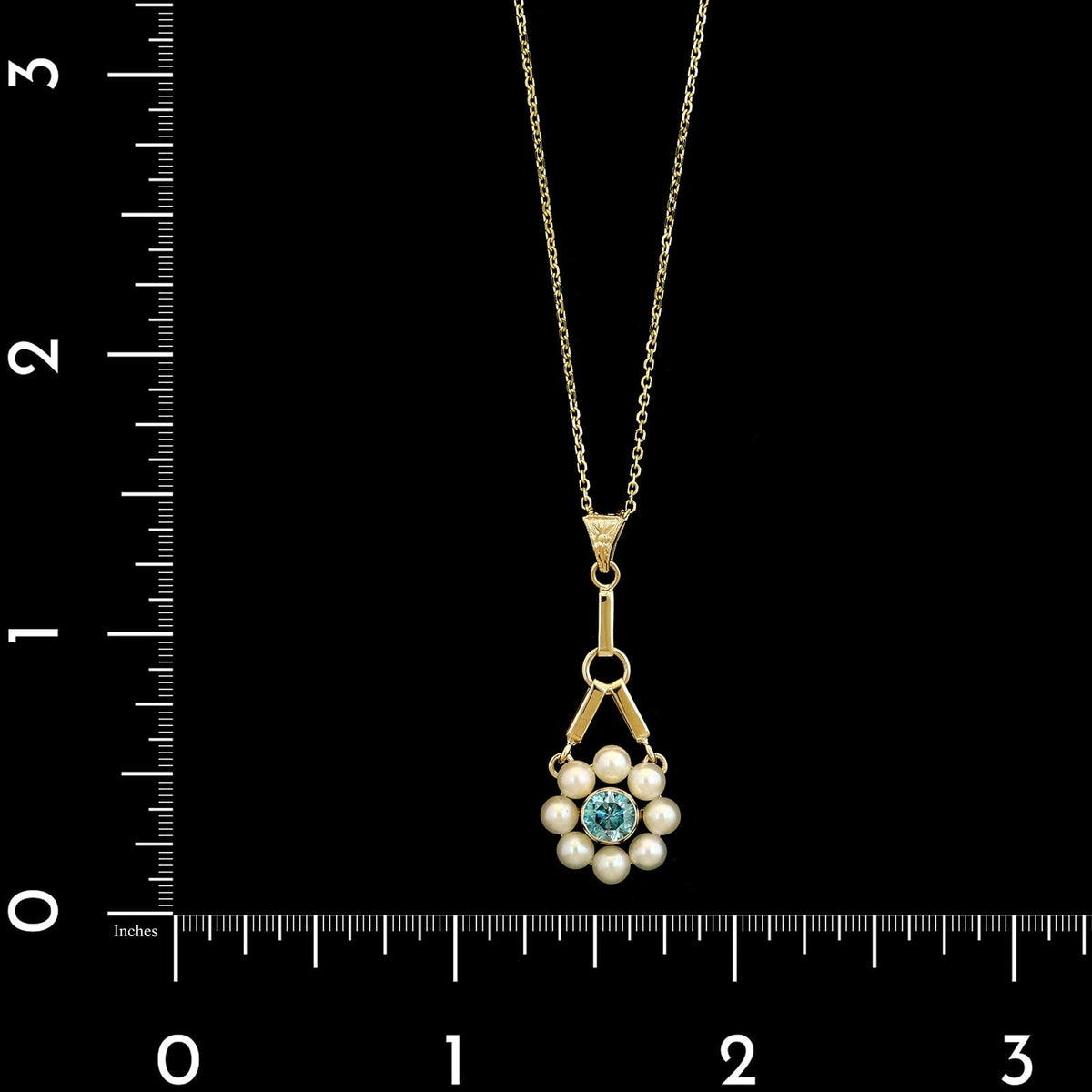 14K Yellow Gold Estate Blue Zircon and Cultured Pearl Pendant Necklace